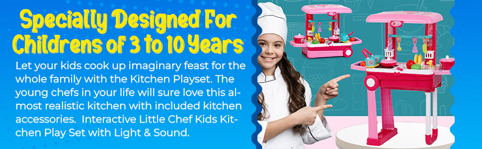 Acrylonitrile Butadiene Styrene Kitchen Set for Kids Girls Big Cooking Set Light and Sound Portable Trolley Pretend Play Toys Battery Operated