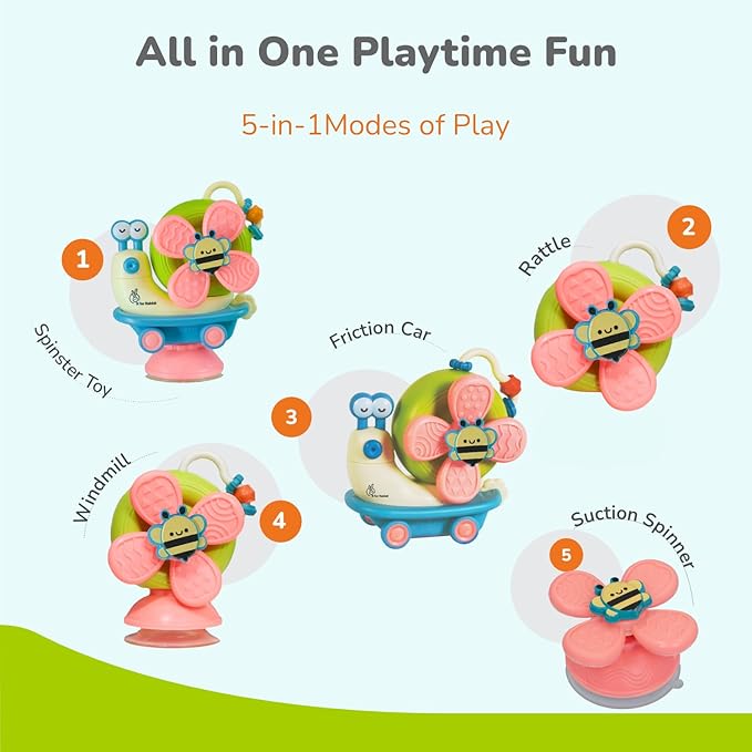Orapple Spinster Toy for Baby 5-in-1 Suction Spinner, Rattle, Friction Car, Windmill & Sensory Play | BPA-Free, Safe & Durable | Interactive Learning Toys for 6+ Months Kids (Blue Cream)