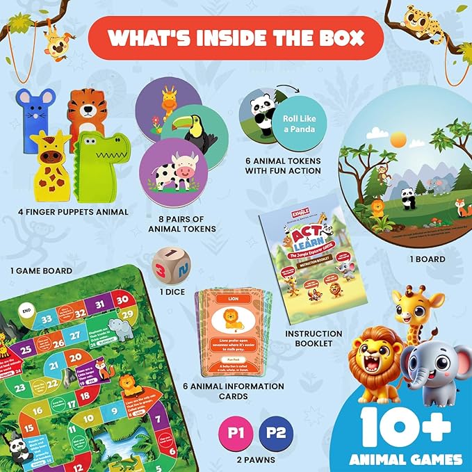 8-in-1 Act & Learn Jungle Explorer Game for Kids Ages 2–6 | Animal Board Game with Dice, Tokens & Fun Tasks | Boost Motor Skills, IQ & Learning | Educational Gift for Boys & Girls