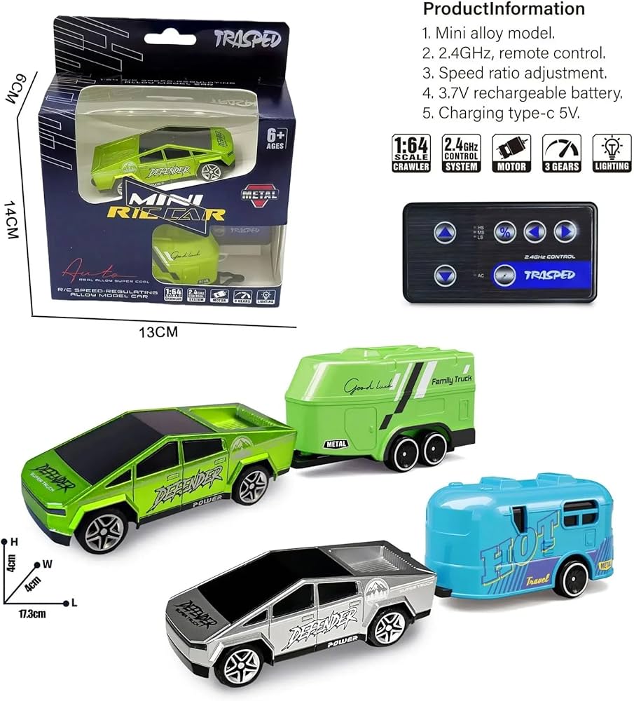 R/c Rechargeable【Type-C Charging】 2-in-1 Miniature CyberrTruck with Trailer & Led Lights