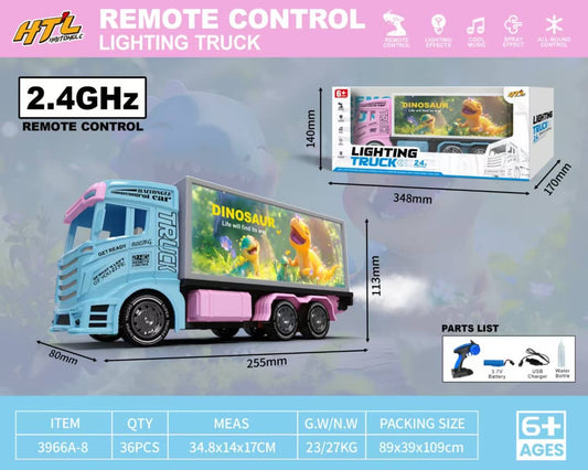 Remote Control Lighting Truck with Spray Mist Smoke Effect – 2.4GHz RC Semi-Truck Toy with LED Screen, Music, and Water Spray – All-Round Control Electric Model Vehicle for Boys 6+