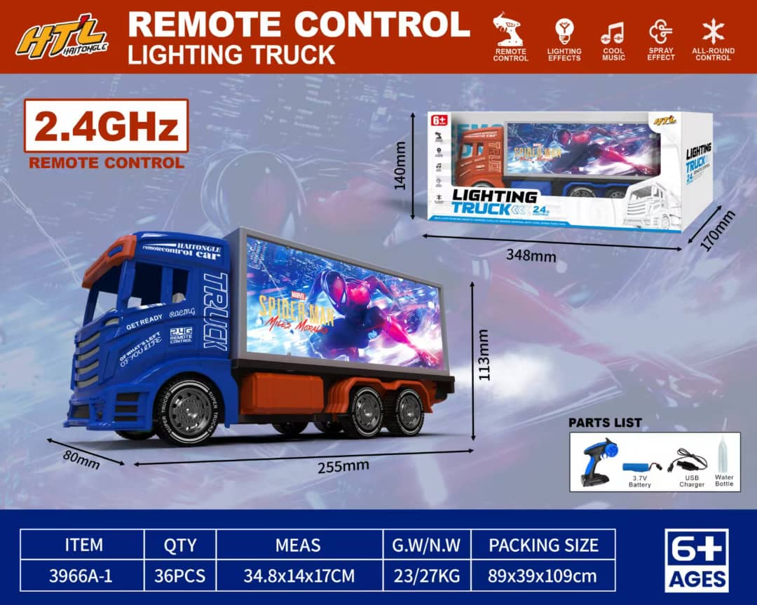 Remote Control Lighting Truck with Spray Mist Smoke Effect – 2.4GHz RC Semi-Truck Toy with LED Screen, Music, and Water Spray – All-Round Control Electric Model Vehicle for Boys 6+