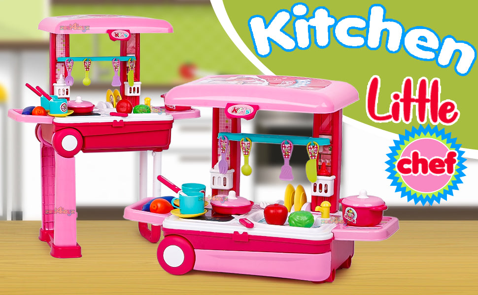 Acrylonitrile Butadiene Styrene Kitchen Set for Kids Girls Big Cooking Set Light and Sound Portable Trolley Pretend Play Toys Battery Operated